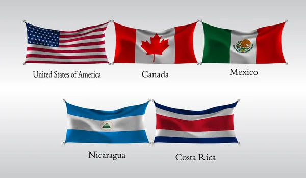Eps10 设置美洲国旗 挥舞着美利坚合众国 加拿大 墨西哥 尼加拉瓜 哥斯达黎加国旗 矢量插图 — 图库矢量图片