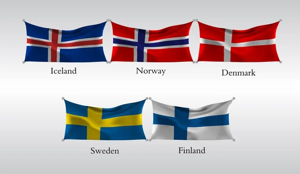 Eps10 Встановити Прапори Країн Європи Розмахуючи Прапором Ісландії Норвегії Данії — стоковий вектор