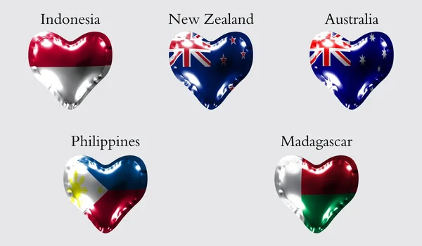 Eps10 太平洋和印度洋国家的旗帜 印度尼西亚 新新西兰 澳大利亚 菲律宾 马达加斯加的国旗 以一种由光泽材料制成的心形的空气球组成 — 图库矢量图片
