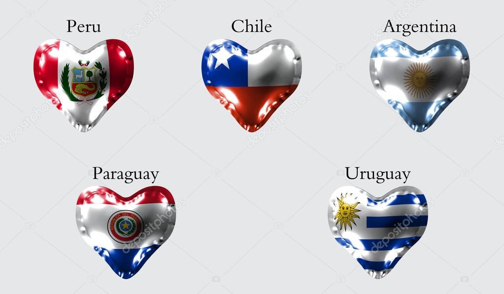 eps10. Flags of America countries. The flags of Peru, Chile, Argentina,Paraguay, Uruguay on an air ball in the form of a heart made of glossy material.
