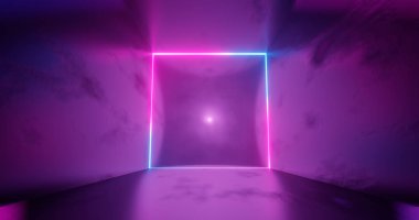 3 boyutlu görüntüleme. Karanlık bir tünele karşı neon ışıktaki geometrik figür. Lazer hattı parlıyor. Neon arkaplanlar