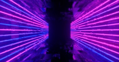 3 boyutlu görüntüleme. Karanlık bir tünele karşı neon ışıktaki geometrik figür. Lazer hattı parlıyor. Neon arkaplanlar