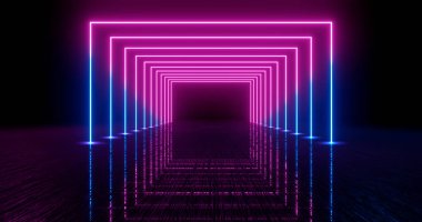 3 boyutlu görüntüleme. Karanlık bir tünele karşı neon ışıktaki geometrik figür. Lazer parıltısı. Neon arkaplanlar
