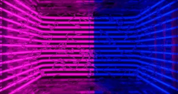 3D-återgivning. Geometrisk figur i neonljus mot en mörk tunnel. Laserlinjeljus. Neonbakgrund — Stockfoto
