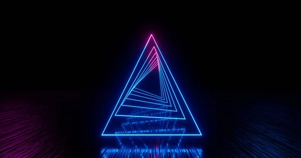 3d Render. Geometrisk figur i neonljus mot en mörk tunnel. Laserglöd. Neonbakgrund — Stockfoto