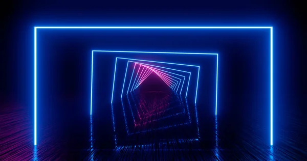 3D Render. Geometrikus alak neon fényben egy sötét alagúttal szemben. Lézer világítás. Neon hátterek — Stock Fotó