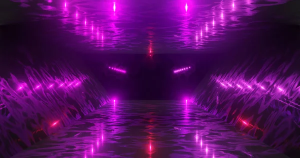 3D 렌더링. 미래 지향적 인 발광 통로나 터널. 네온씬. 빛의 번쩍 임 과 부화. — 스톡 사진