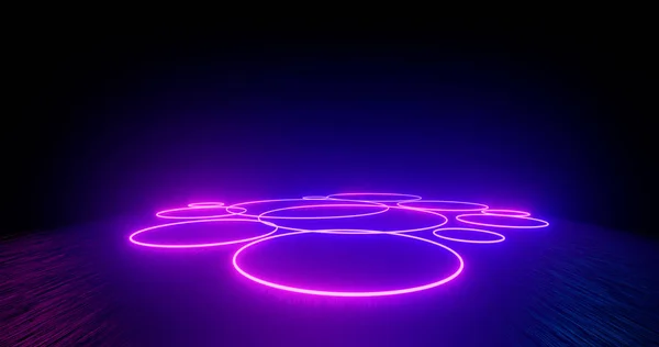 3 boyutlu görüntüleme. Karanlık bir tünele karşı neon ışıktaki geometrik figür. Lazer parıltısı. Neon arkaplanlar