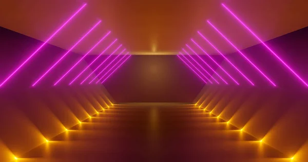 3D-s renderelés. Futurisztikus ragyogó folyosó vagy alagút. Neon jelenet. Fényszórók és keltetők. — Stock Fotó
