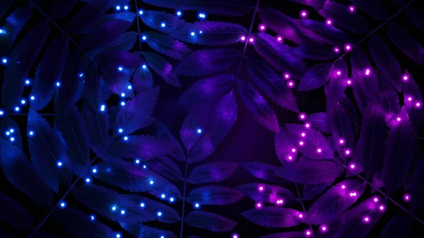 3Dレンダリング 熱帯の葉にネオン粒子を吹き込む 明るいネオンカラーの自然 — ストック写真