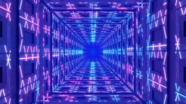 3D rendering. Flying through an endless glowing tunnel. Design with neon luminous particles. Hyper loop. Abstract creative futuristic background. Reflective surfaces. Modern colorful lights. clipart