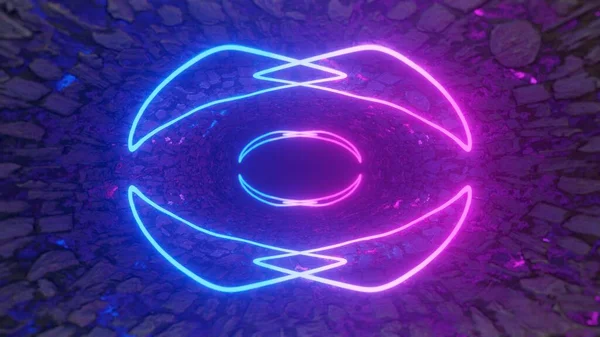 3d Rendering. Geometric figure in neon light against a dark tunnel. Laser glow. Neon backgrounds