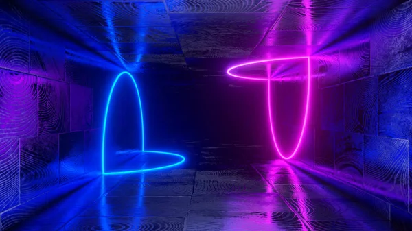 3Dレンダリング 暗いトンネルに対するネオンライトの幾何学的な図 レーザー光だ ネオン背景 — ストック写真