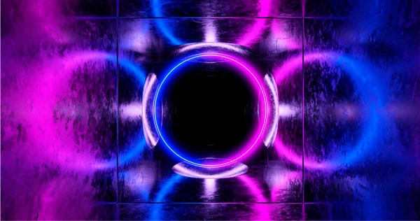Рендеринг Геометрическая Фигура Неоновом Свете Против Тёмного Туннеля Лазерное Свечение — стоковое фото