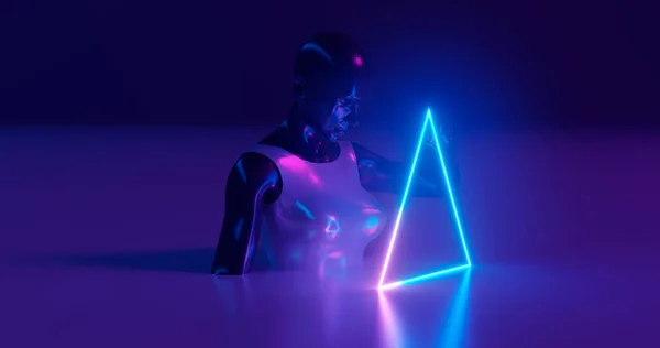 3D渲染 一个蒙妮肯女孩 穿着亮晶晶的衣服 穿着深色光滑的衬裙 她的手指在平坦的表面上保持着一个发光的霓虹灯三角形 背景深蓝色 — 图库照片