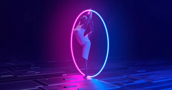 3D渲染 穿着白色连衣裙的莫妮肯女孩在高科技表面明亮的圈圈内做垂直麻绳 在深蓝色背景上 — 图库照片