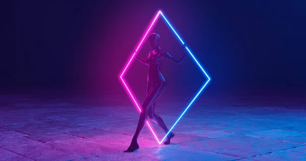 3D görüntüleme. Taş zeminde duran neon bir eşkenar dörtgenin içinden geçen bir kız ya da kadın manken. Koyu mavi arkaplanı olan zayıf neon ışıklandırma.