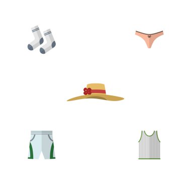 Düz giysi seti bez mayo, iç çamaşırı, ayak Tekstil ve diğer vektör nesneleri. Ayrıca bez, Mayo, Singlet öğeleri içerir.