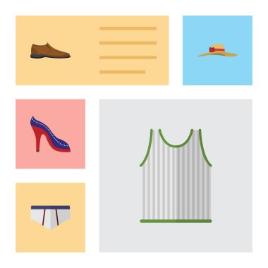 Düz elbise erkek Footware, şık şapkalar, Singlet ve diğer vektör nesnelerini ayarlayın. Ayrıca ayakkabı, Footware, Ayakkabı detayları içerir.