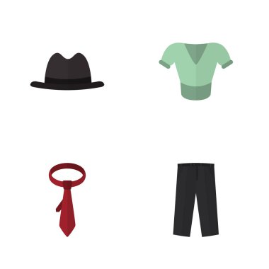 Düz elbise Cravat, pantolon, Panama ve diğer vektör nesneleri kümesi. Ayrıca bluz, elbise, şapka unsurları içerir.