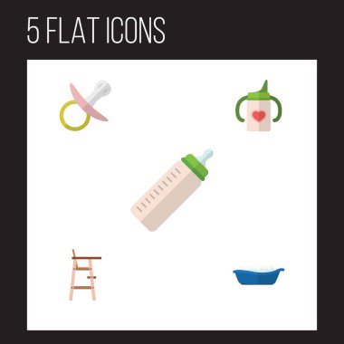 Düz çocuk Hemşirelik şişe, besleyici, küvet ve diğer vektör nesneleri kümesi. Ayrıca emzikler, çocuk, emzik öğeleri içerir.