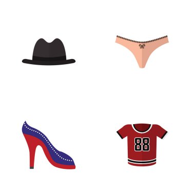 T-Shirt, Panama, dizi düz elbise yüksek topuklu ayakkabı ve diğer vektör nesneleri. Ayrıca şapka, Fedora, topuklu öğeleri içerir.