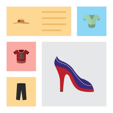 Düz elbise şık şapkalar, Casual, T-Shirt ve diğer vektör nesneleri kümesi. Üniforma, gömlek, Sandal öğeleri de içerir.