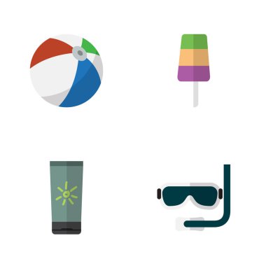 Düz Beach dondurma, nemlendirici, tüplü dalış ve diğer vektör nesneleri kümesi. Ayrıca buz, Küre, krem öğeleri içerir.