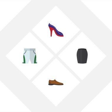 Düz giysi topuklu ayakkabı, erkek Footware, mayo kumaş ve diğer vektör nesneleri kümesi. Ayrıca ayakkabı, Ayakkabı, adam unsurları içerir.