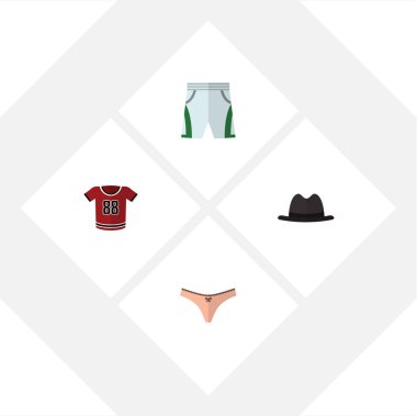 Düz giyim tişört, şort bez, Panama ve diğer vektör nesneleri kümesi. Ayrıca iç çamaşırı, iç çamaşırı, bez öğeleri içerir.