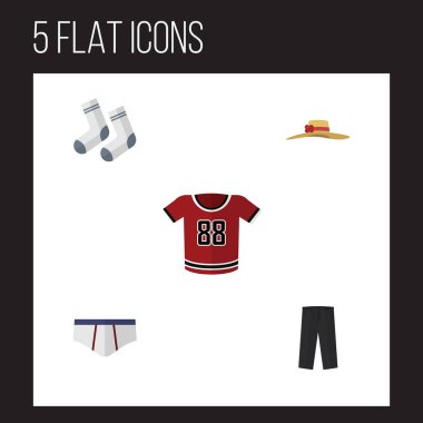 Düz elbise T-Shirt, şık şapkalar, ayak Tekstil ve diğer vektör nesneleri ayarlayın. Ayrıca iç çamaşırı, şapka, kadın öğeleri içerir.