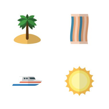 Düz Beach Hindistan cevizi, tekne, Sunshine ve diğer vektör nesneleri kümesi. Ayrıca güneş, Hindistan cevizi, Palm unsurları içerir.