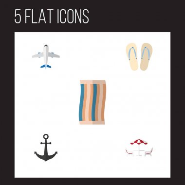 Düz Beach plaj sandaletleri, gemi kanca, RECLINER vektör nesneleri kümesi. Ayrıca uçak, silecek, havlu unsurları içerir.