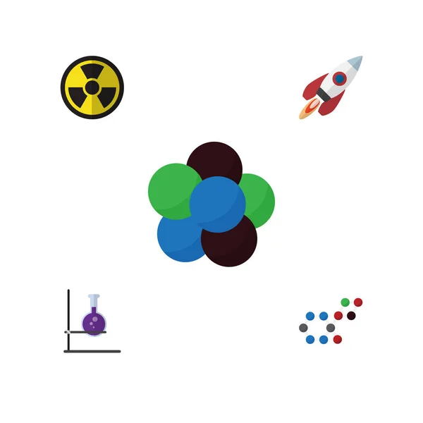Flat vetenskap uppsättning kolv, Proton, rymdskepp och andra vektorobjekt. Innehåller också protonen, molekyl, farliga element. — Stock vektor