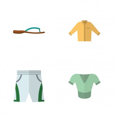 Düz hazır giyim mayo kumaş, Banyan, plaj sandalet vektör nesneleri kümesi. Ayrıca gömlek, adam, Trunks öğeleri içerir.