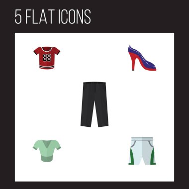 Düz hazır giyim mayo kumaş, rahat, topuklu ayakkabı ve diğer vektör nesneleri kümesi. Ayrıca tozluk, gömlek, topuklu öğeleri içerir.