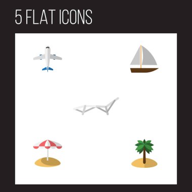 Düz Beach uçak, Hindistan cevizi, şemsiye ve diğer vektör nesneleri kümesi. Ayrıca Palm, şezlong, zanaat öğeleri içerir.