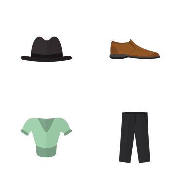 Düz hazır giyim erkek Footware, pantolon, Panama ve diğer vektör nesneleri kümesi. Gömlek, elbise, pantolon öğeleri de içerir.