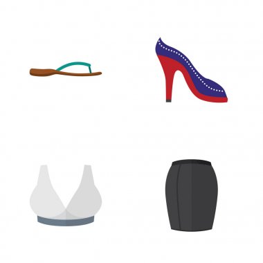 Brasserie, plaj sandalet, dizi düz elbise yüksek topuklu ayakkabı vektör nesneleri. Ayrıca ayakkabı, meme, giyim öğeleri içerir.