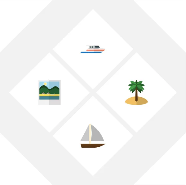 Flat strand Set van kokosnoot, boot, jacht en andere vectorobjecten. Ook omvat herinneringen, boot, vaartuig elementen. — Stockvector
