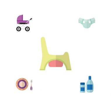 Düz bebek krem losyon, tuvalet, Bebek bezi ve diğer vektör nesneleri kümesi. Ayrıca tuvalet, çocuk arabası, Bebek bezi unsurları içerir.