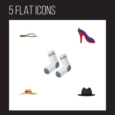 Düz giysi Panama, plaj sandalet, ayak tekstil vektör nesneleri kümesi. Ayrıca Panama, şapka, şapka öğeleri içerir.