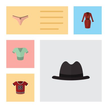 Düz giyim iç çamaşırı, Casual, giysileri ve diğer vektör nesneleri kümesi. Ayrıca elbise, külot, Fedora öğeleri içerir.