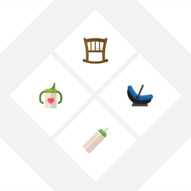 Besleyici, Bebek karyolası, hemşirelik şişe ve diğer vektör nesnelerini düz bebeğim kümesi. Ayrıca bebek, içerir bebeğim, yatağa öğeleri.