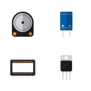Düz elektronik transistör, Hdd, anabilgisayar ve diğer vektör nesneleri kümesi. Ayrıca transistör, alıcı, sürücü unsurları içerir.