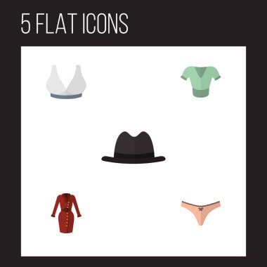 Düz giyim giysi, rahat, iç çamaşırı ve diğer vektör nesneleri kümesi. Hazır giyim, iç çamaşırı, şapka öğeleri de içerir.