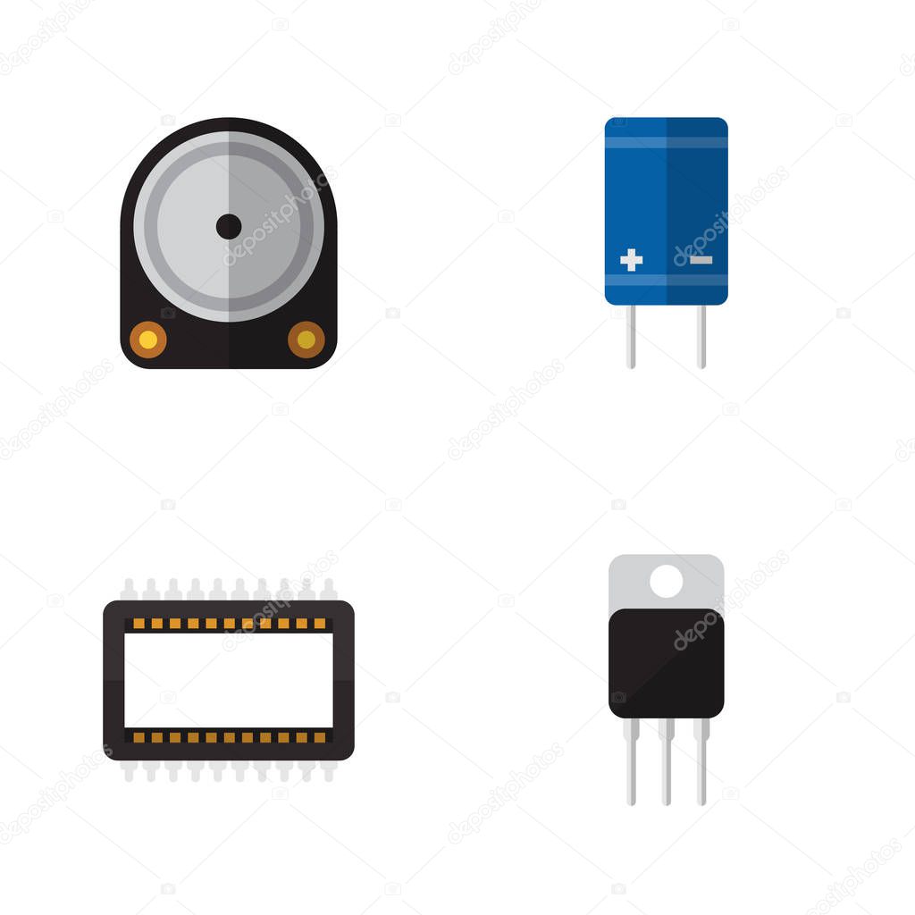 Flat Electronics Set Of Transistor, Hdd, Mainframe And Other Vector Objects. Also Includes Transistor, Receiver, Drive Elements.