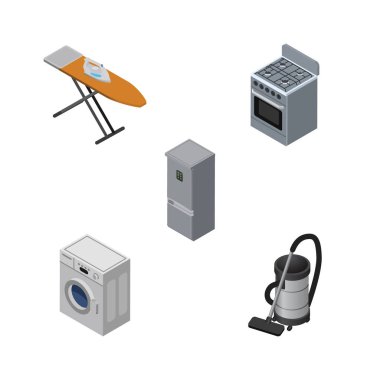 İzometrik elektronik bez demir, Vac, Çamaşırhane ve diğer vektör nesneleri kümesi. Ayrıca buzdolabı, makinesi, buzdolabı öğeleri içerir.
