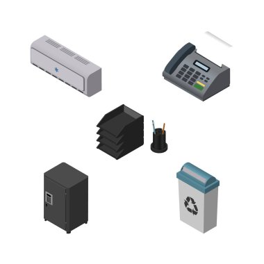 Duvar izometrik çalışma kümesi soğutucu, Resepsiyon dosya raf, kasa ve diğer vektör nesneleri. Ayrıca önemsiz, BIN, serin öğeler içerir.