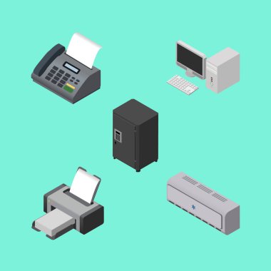 Duvar dizi izometrik iş soğutucu, bilgisayar, kasa ve diğer vektör nesneleri. Ayrıca makinesi, Faks, baskı unsurları içerir.